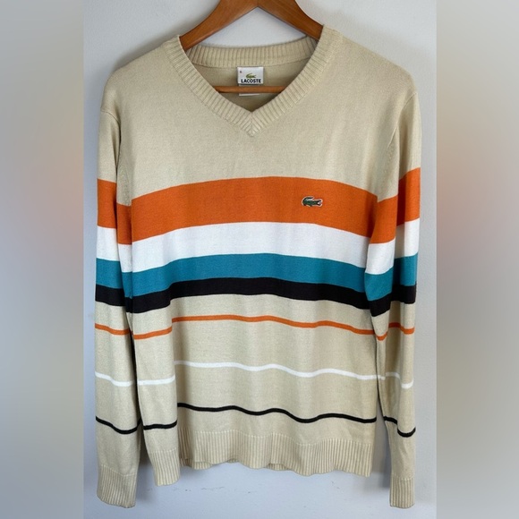 Lacoste Other - Vintage Lacoste Mens Tan Striped V-Neck Pullover Cotton Sweater Long Sleeve Sz 6